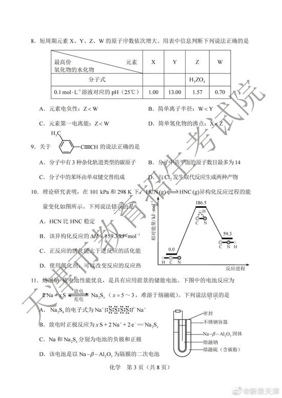 2020高考化学真题及参考答案天津卷